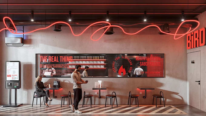 turn 2d into 3d modern burger bar interior, restaurant concept, lounge render