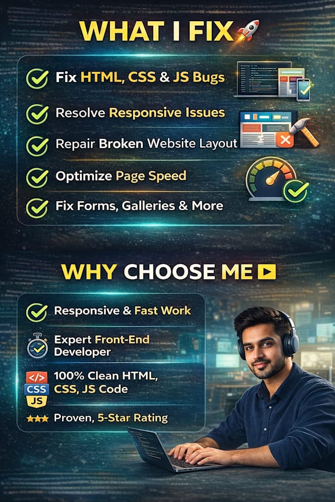 fix HTML CSS javascript bugs and responsive issues