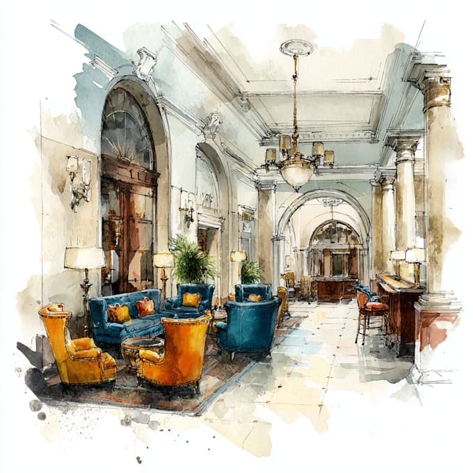 do watercolor style architectural or interior illustration
