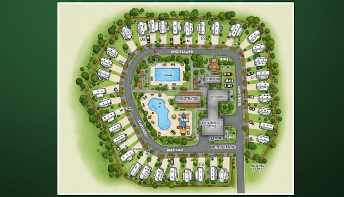render map illustration or site plan, rv park resort, campground park