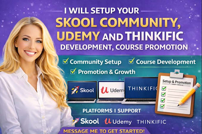 setup your skool community, udemy and thinkific development, course promotion
