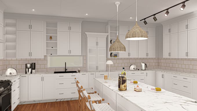 create luxury interior kitchen design and 3d render