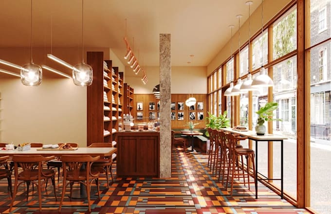 recreate 3d restaurant interior, bar design,cafe layout,cgi pastry,bakery render