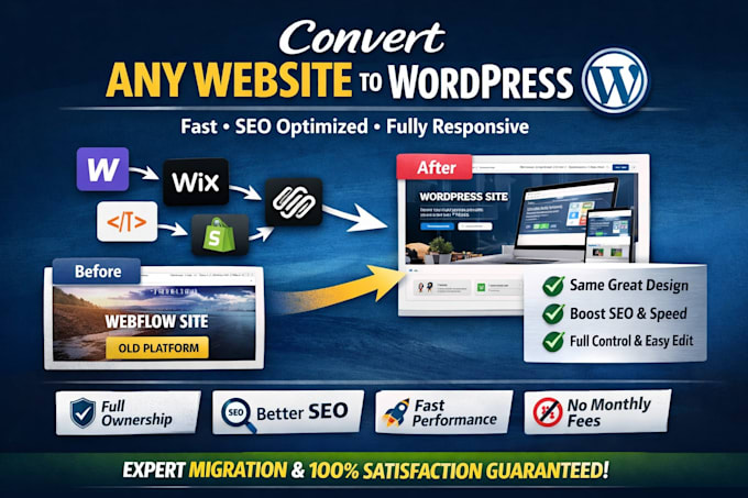 convert webflow, wix, squarespace to wordpress, migrate shopify to wordpress