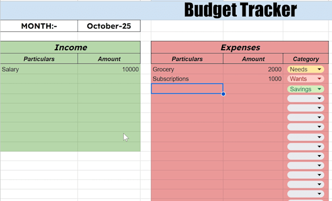 design a custom automated monthly budget tracker in excel or google sheet