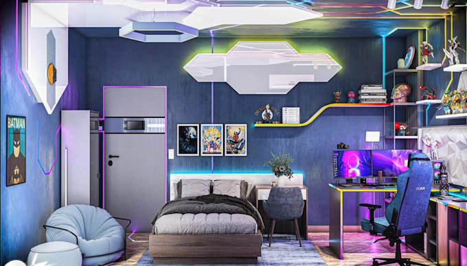 turn 2d to 3d stunning gaming room interior, streaming studio,kid bedroom render