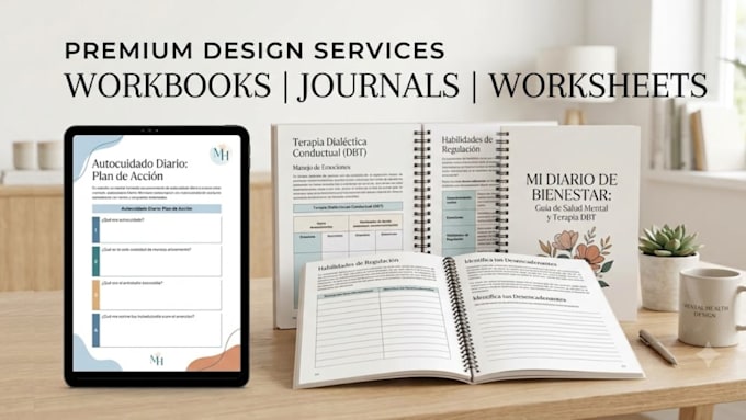 design a premium spanish mental health workbook, journal, printable worksheet