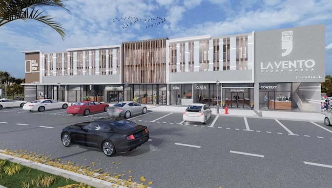 render 3d multiuse complex,shopping plaza,retail exterior layout,cgi parking lot