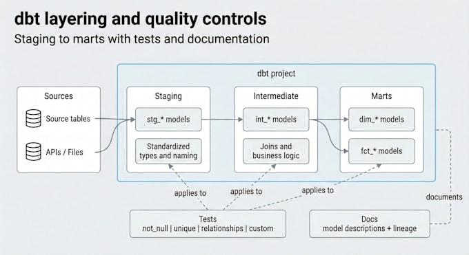 build production ready dbt models with tests for snowflake or bigquery