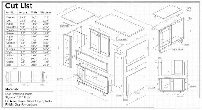 create detailed shop drawings with cut lists and materials