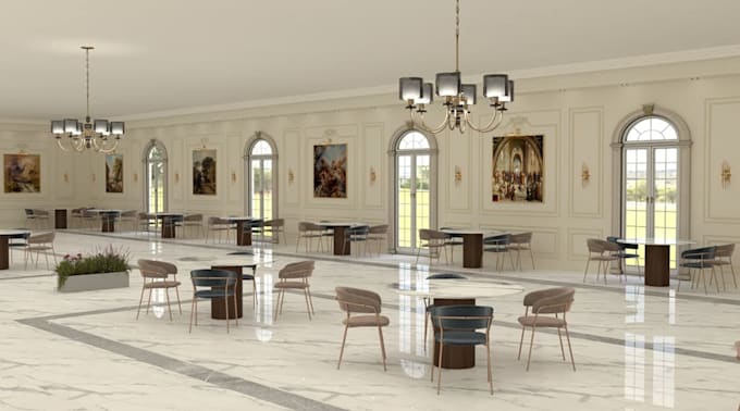 neoclassical 3d restaurant design, cafe space layout, interior design,3d bar,cgi