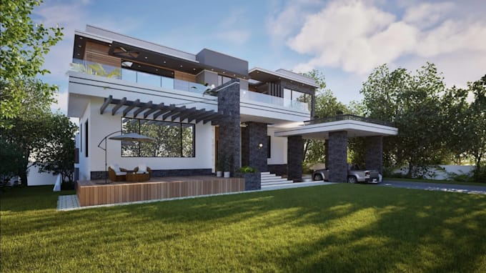 draw residential building 2d plan, model 3d villa exterior, architectural render