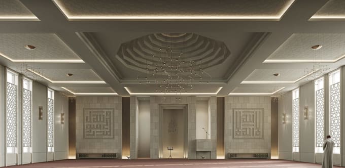 construct mosque interior,worship space rendering,ablution area,cinematic mosjid