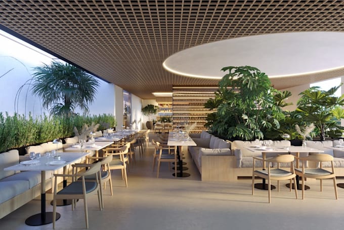 relayout luxury restaurant interior, gastronomy space design, food court render