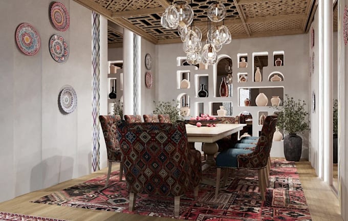 visualize 3d guest room, fine dining design, vip, realistic interior rendering