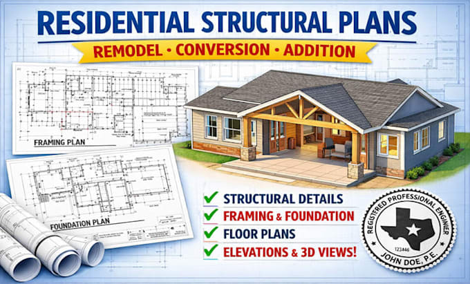 Residential structural plans with texas pe stamp for remodel conversion ...
