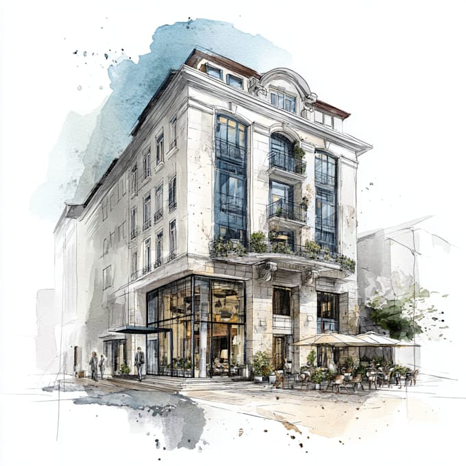 Sketch architecture building with watercolor rendering by Broucwing ...