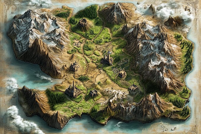 create a fantasy map landscape, background illustration