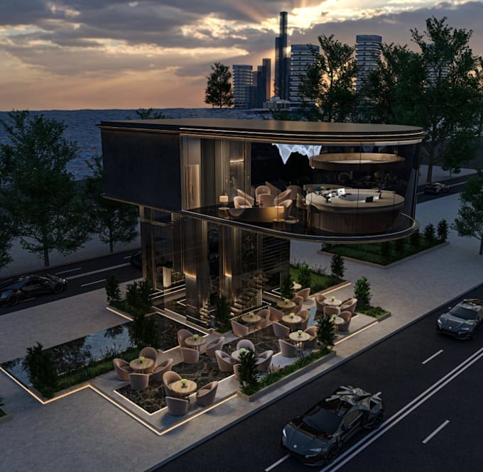 luxury 3d cafes,third spaces,outdoor render,interior design,pub,zone layoutmodel