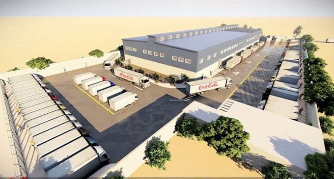 3d warehouse,park layout,industrial loading dock,exterior rendering,walkthrough