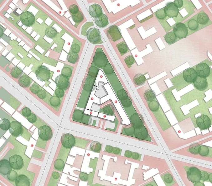 build 3d urban space development, site plan aerial view render, map illustration