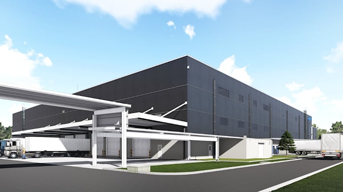3d warehouse exterior,industrial cladding,logistic facility,space layout render