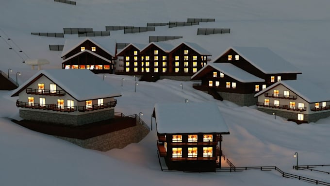 design 3d ski resort, mountain lodge and winter resort cgi using unreal engine