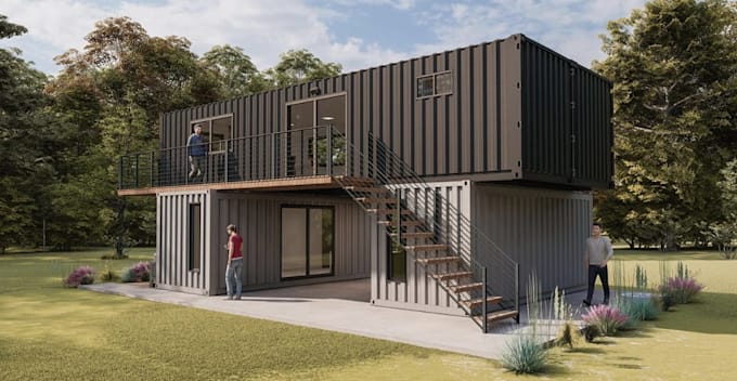 visualize 3d shipping container home,tiny house interior, prefab metal rendering
