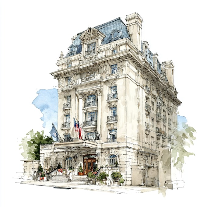 sketch architecture building with watercolor rendering