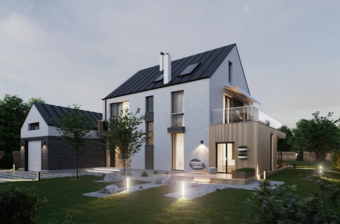 upgrade 3d modern curb appeal,detached house,home addition,night exterior render