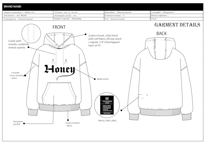 make detailed hoodie tech pack with artwork placement and bom