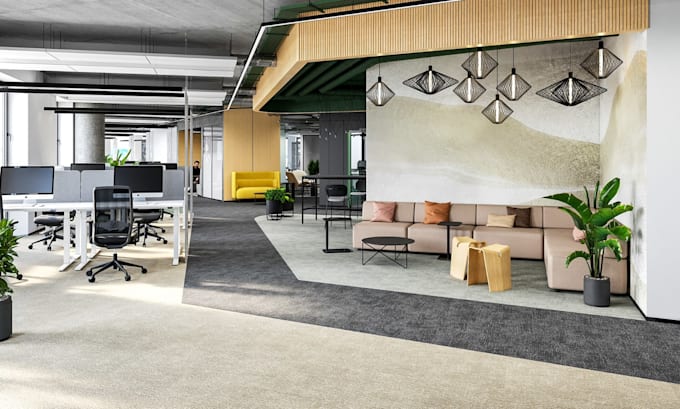 redesign 3d commercial space, co workplace interior, lobby render, office layout