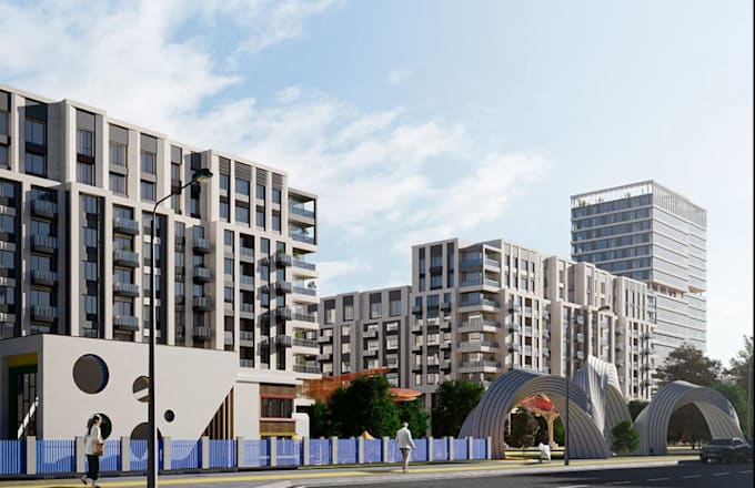 develop 3d master plan, urban development, commercial building tower, map render