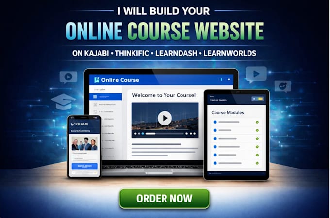 design online course website in kajabi, thinkfic, learndash, learnworld