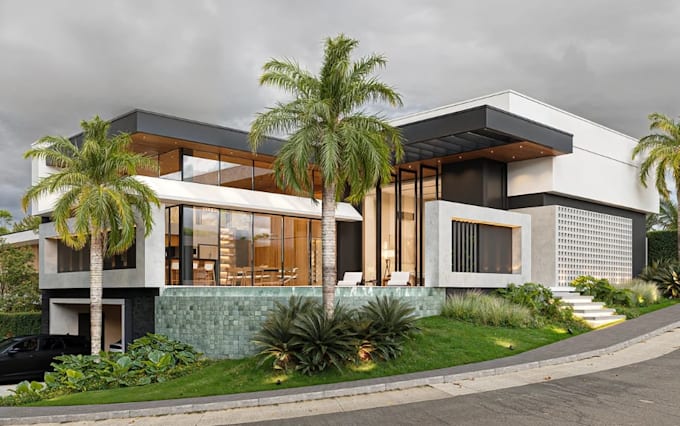 visualize architectural luxury house,modern facade render,front elevation design