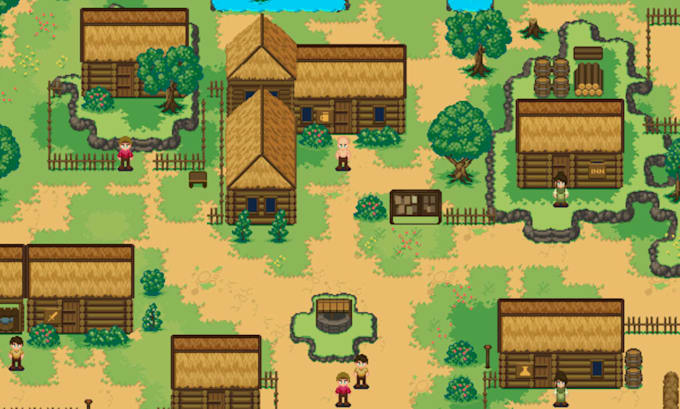 create top down pixel art tileset, 2d background, tile map, rpg indie game asset