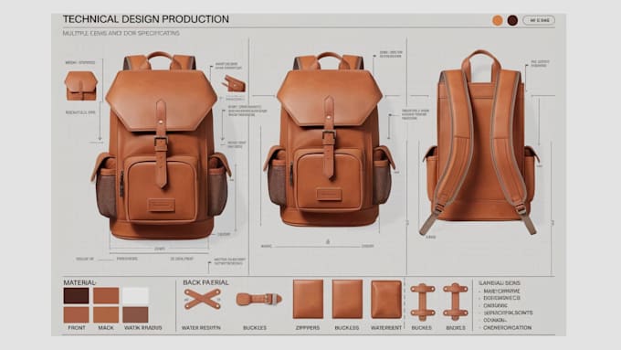 design backpack, leather bag, purse with production ready tech pack