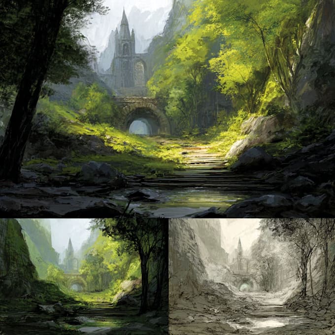 draw environment concept art, fantasy worlds