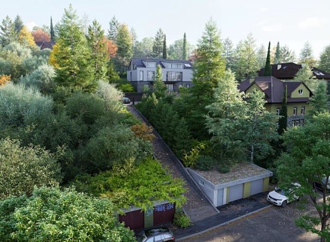 build 3d hillside house, real estate,stone cladding, apartment garage,cgi render