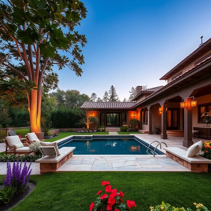 design landscape, terrace, backyard, pool, and patio