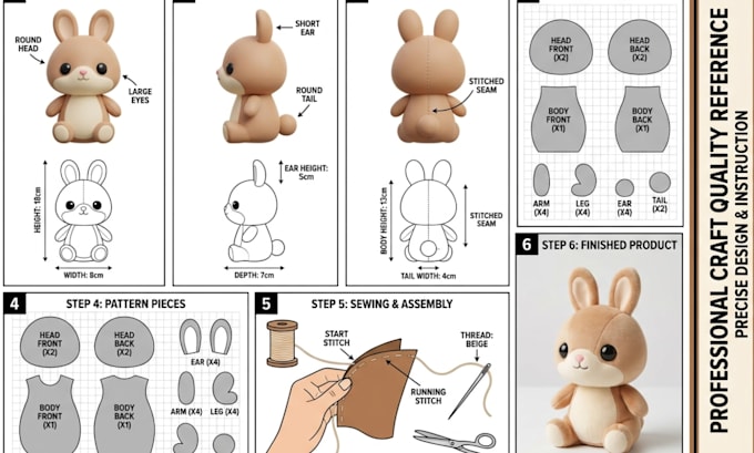 create a custom plush toy deign reference sheet with sewing pattern and details