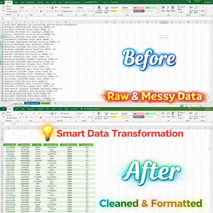 clean, format, merge, split excel data