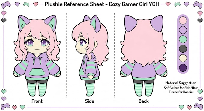 design custom plushie character reference sheet and stuffed animal toy tech pack