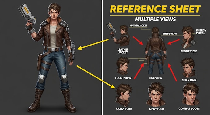 create a professional character reference sheet for artists, games and animation