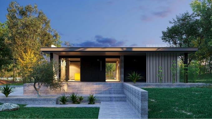 redesign prefab house facade, cabin house render,modular cottage building design