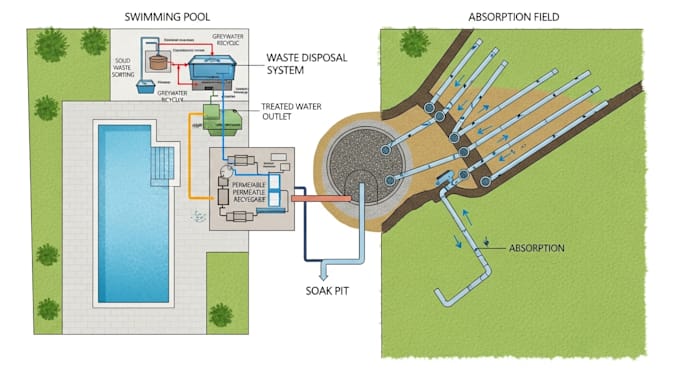 Ontwerp een afvalverwerkingssysteem, zwembad, soak pit en absorptieveld