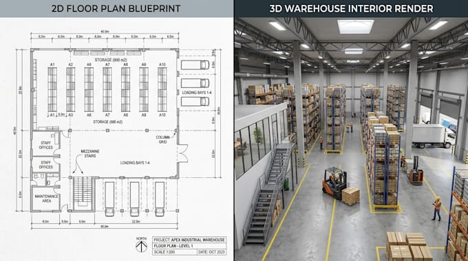 design 3d interior factory, 3d warehouse model and rendering