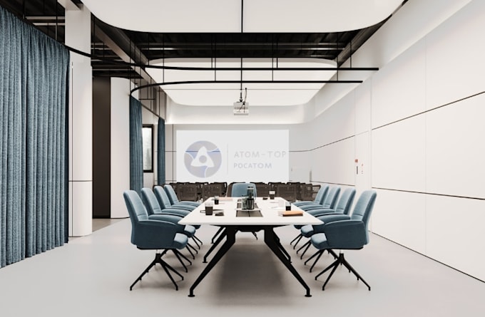 buildup 3d modern meeting room, office interior, conference table, cgi workspace