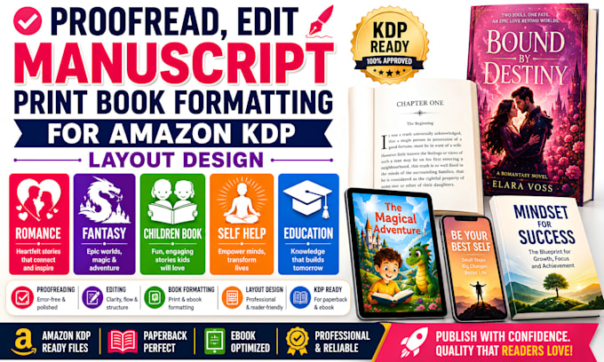 proofread, edit manuscript print book formatting for amazon kdp layout design