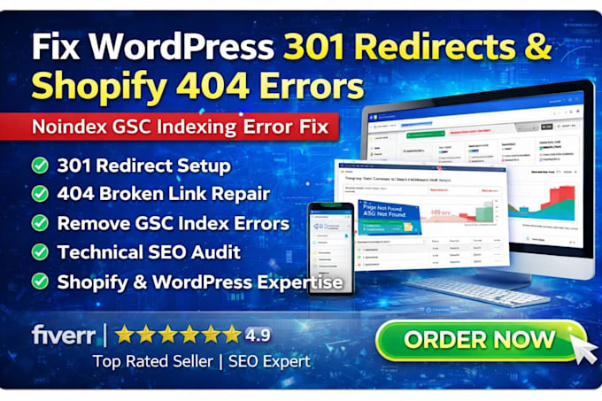 fix noindex gsc indexing error wordpress 301 redirect shopify 404 page not found